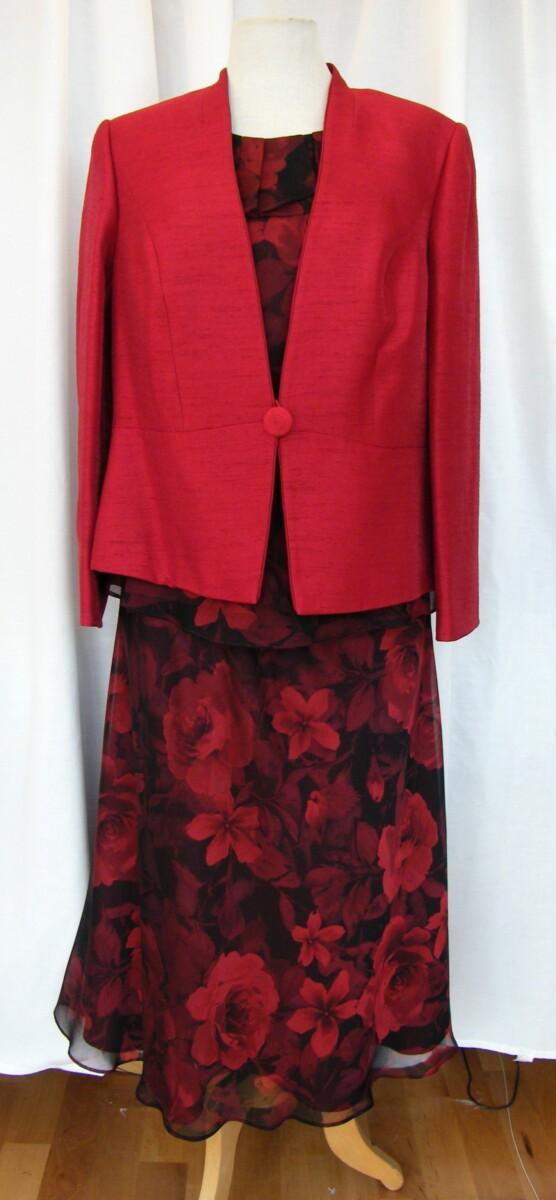 jacques vert GARNET RANGE RED & BLACK ROSE HEAD PRINTED ORGANZA CHIFFON TOP & SKIRT WITH GARNET RED JACKET