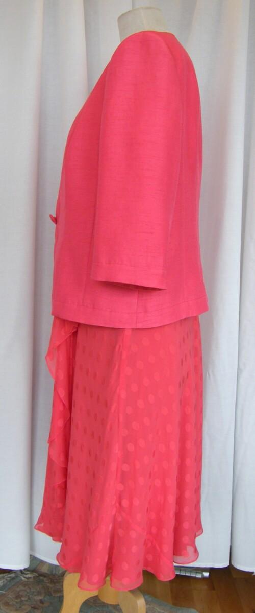 Jacques Vert GERANIUM RANGE 100% SILK EMPIRE LINE DRESS IN VIBRANT “GERANIUM” CORAL SPOT PRINT & GERANIUM SHANTUNG JACKET