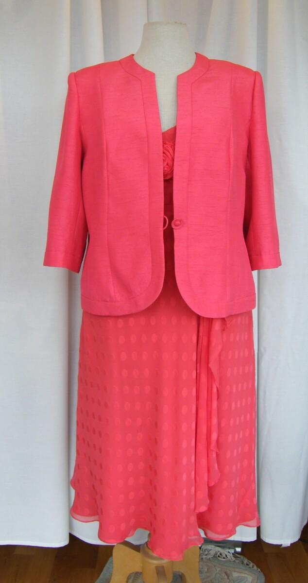 jacques vert GERANIUM RANGE 100% SILK EMPIRE LINE DRESS IN VIBRANT “GERANIUM” CORAL SPOT PRINT & GERANIUM SHANTUNG JACKET