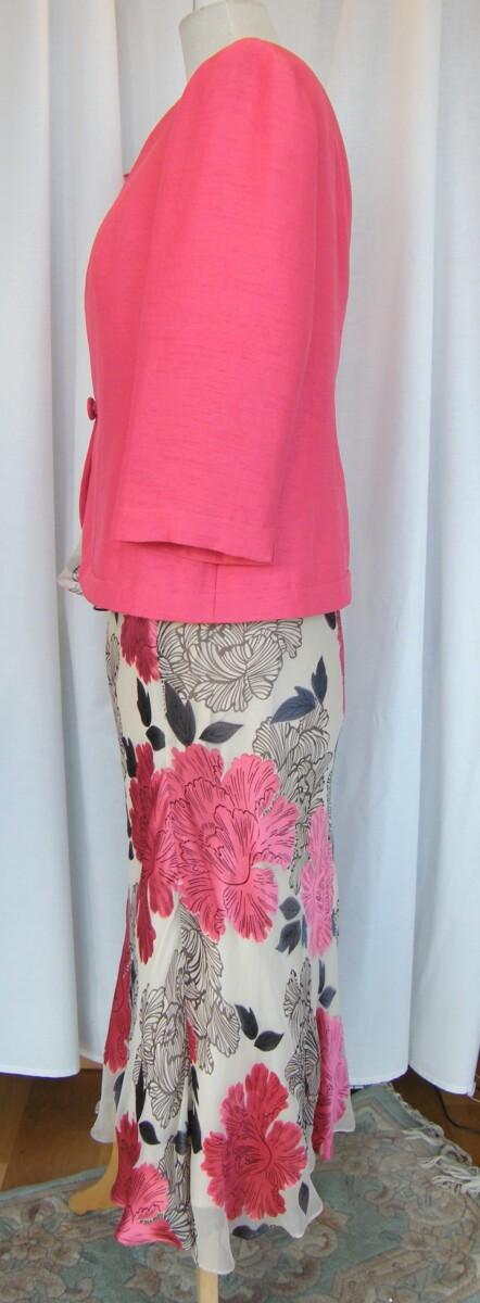 Jacques Vert GERANIUM RANGE NEUTRAL 46% SILK DEVORE SKIRT & TOP PEONY BLOOM PRINT & “GERANIUM” SHANTUNG JACKET