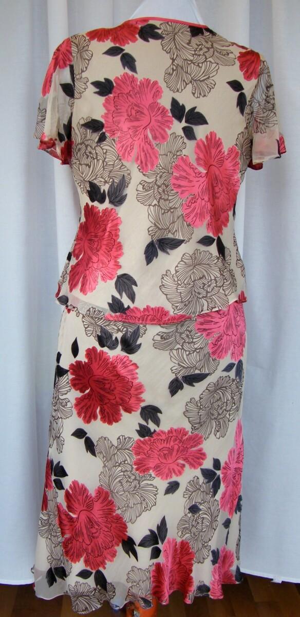 Jacques Vert GERANIUM RANGE NEUTRAL 46% SILK DEVORE SKIRT & TOP PEONY BLOOM PRINT & “GERANIUM” SHANTUNG JACKET