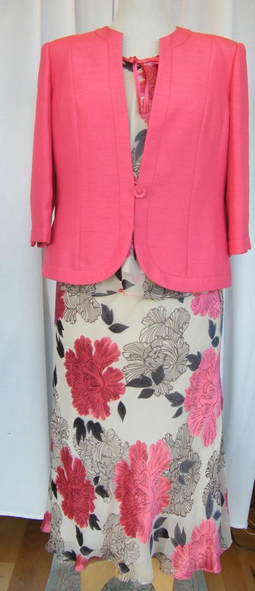jacques vert GERANIUM RANGE NEUTRAL 46% SILK DEVORE SKIRT & TOP PEONY BLOOM PRINT & “GERANIUM” SHANTUNG JACKET