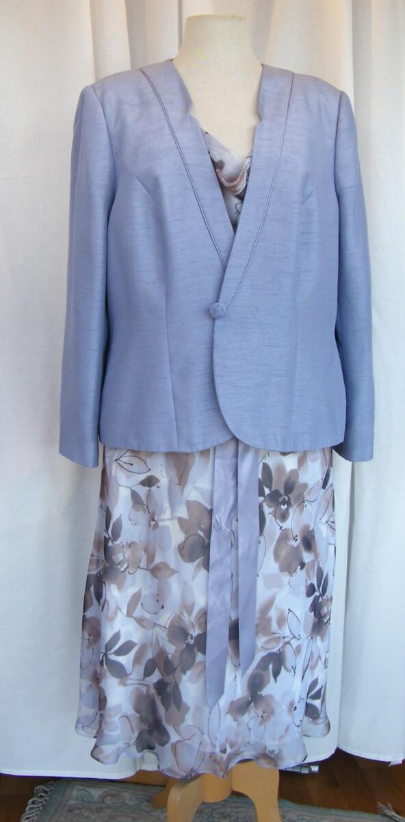 jacques vert HAZY DAYS RANGE CHIFFON PROM DRESS ARCTIC BLUE & MINK FLORAL PRINT ARCTIC BLUE SHANTUNG NOTCH NECK JACKET