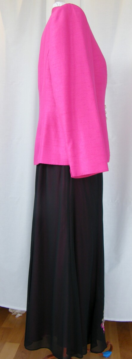 Jacques Vert HOT PINK & BLACK RANGE BLACK CHIFFON SKIRT & TOP PINK DAHLIA EMBROIDERY & HOT PINK SHANTUNG JACKET