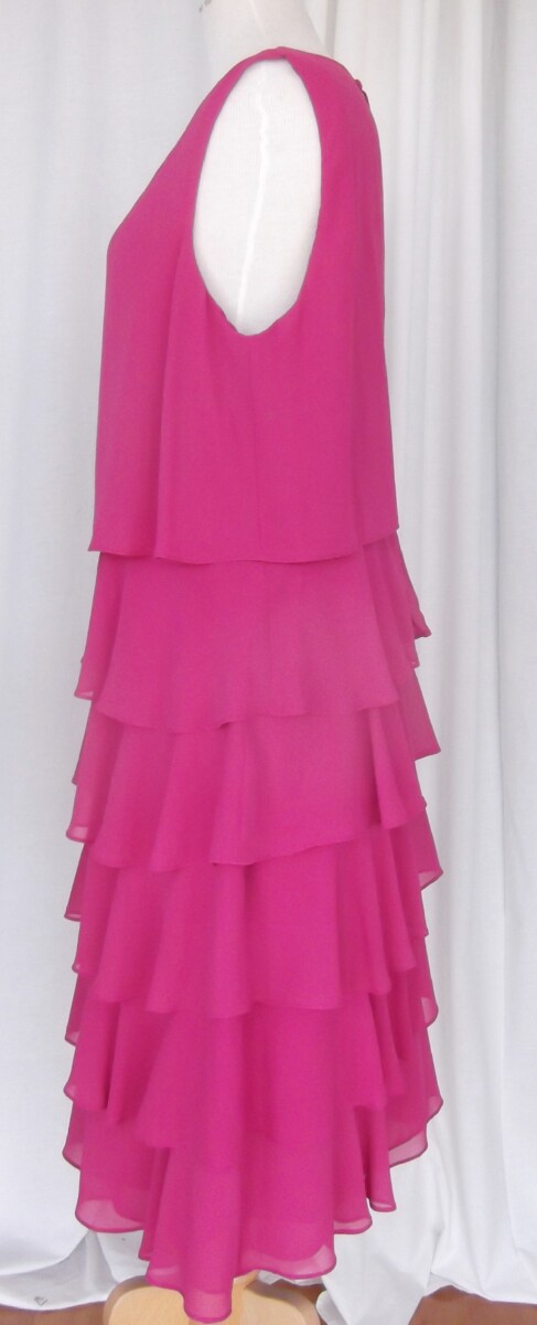 Jacques Vert HOT PINK CREPE CHIFFON SHIFT DRESS WITH LOOSE BODICE & WATERFALL FRILLS SKIRT