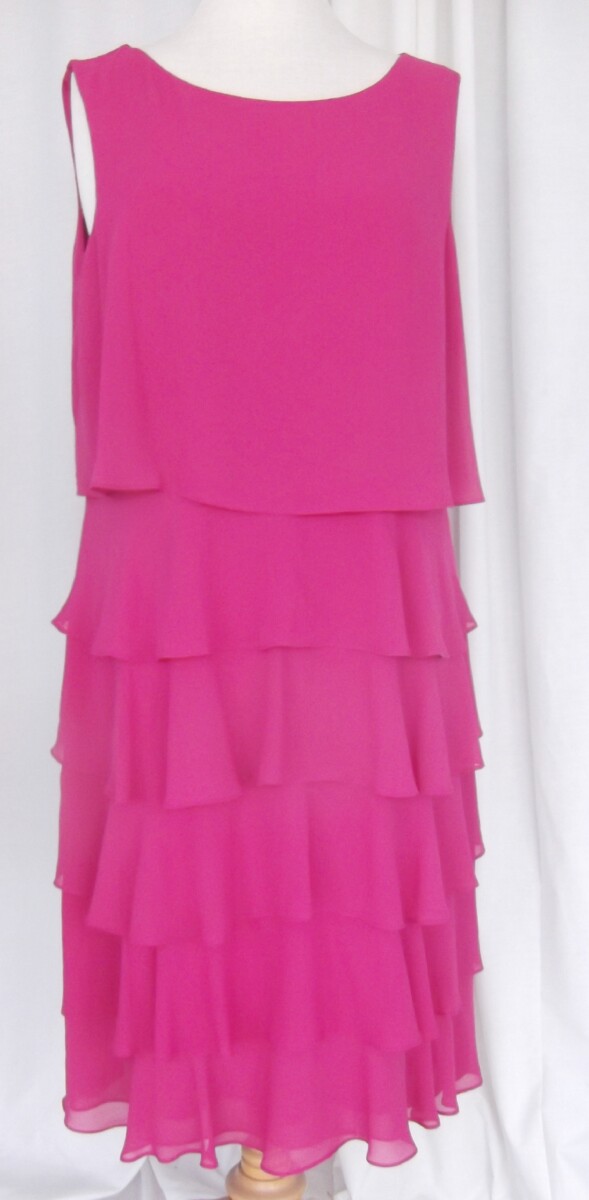 jacques vert HOT PINK CREPE CHIFFON SHIFT DRESS WITH LOOSE BODICE & WATERFALL FRILLS SKIRT