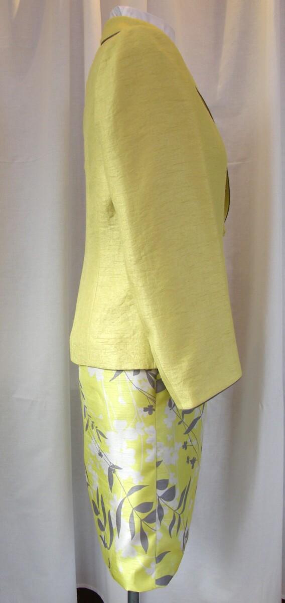Jacques Vert IRIDIUM RANGE ” CORDIAL” YELLOW SHANTUNG SHIFT DRESS IVORY & GREY PRINT CORDIAL YELLOW WOVEN JACKET EDGED IN GREY