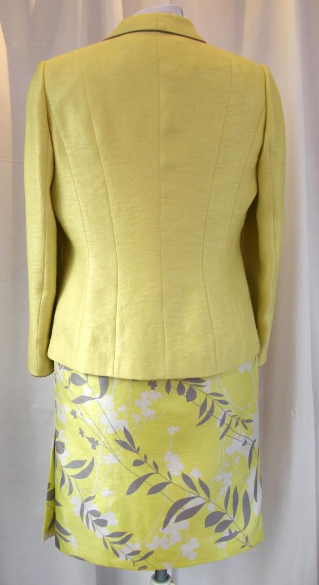 Jacques Vert IRIDIUM RANGE ” CORDIAL” YELLOW SHANTUNG SHIFT DRESS IVORY & GREY PRINT CORDIAL YELLOW WOVEN JACKET EDGED IN GREY