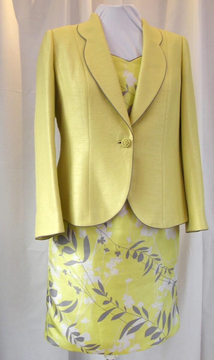 jacques vert IRIDIUM RANGE ” CORDIAL” YELLOW SHANTUNG SHIFT DRESS IVORY & GREY PRINT CORDIAL YELLOW WOVEN JACKET EDGED IN GREY