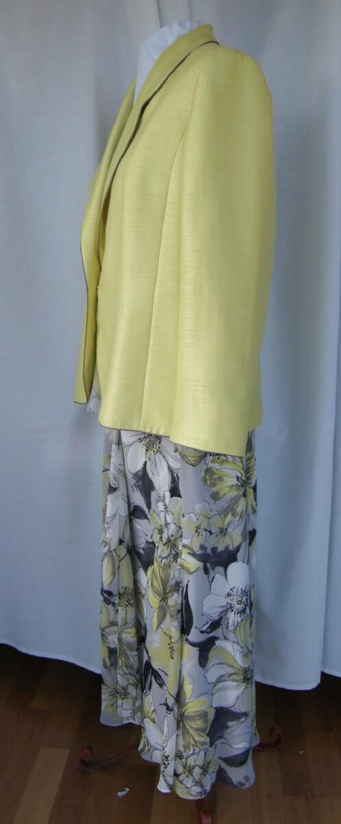 Jacques Vert IRIDIUM RANGE GREY CHIFFON CORDIAL YELLOW FLORAL PRINT SKIRT & TOP. MATCHING CORDIAL YELLOW FABRIC JACKET EDGED IN GREY