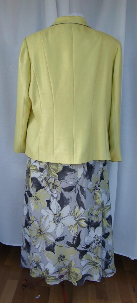 Jacques Vert IRIDIUM RANGE GREY CHIFFON CORDIAL YELLOW FLORAL PRINT SKIRT & TOP. MATCHING CORDIAL YELLOW FABRIC JACKET EDGED IN GREY