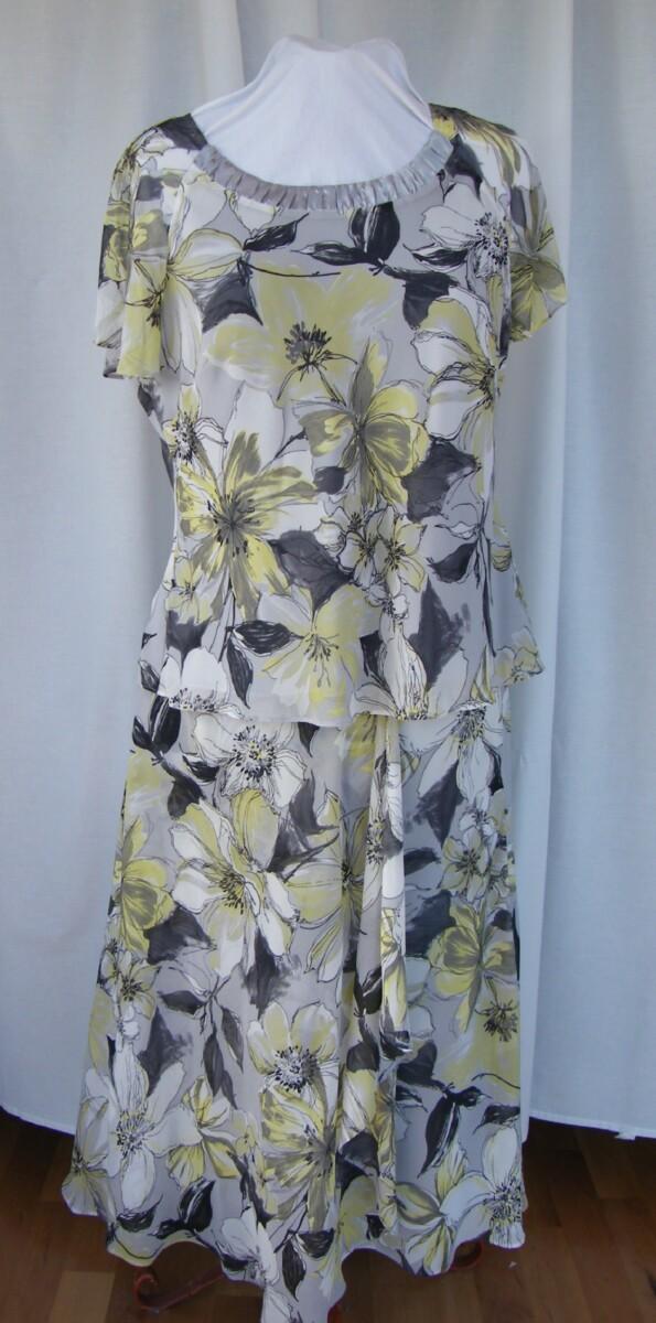 Jacques Vert IRIDIUM RANGE GREY CHIFFON CORDIAL YELLOW FLORAL PRINT SKIRT & TOP. MATCHING CORDIAL YELLOW FABRIC JACKET EDGED IN GREY