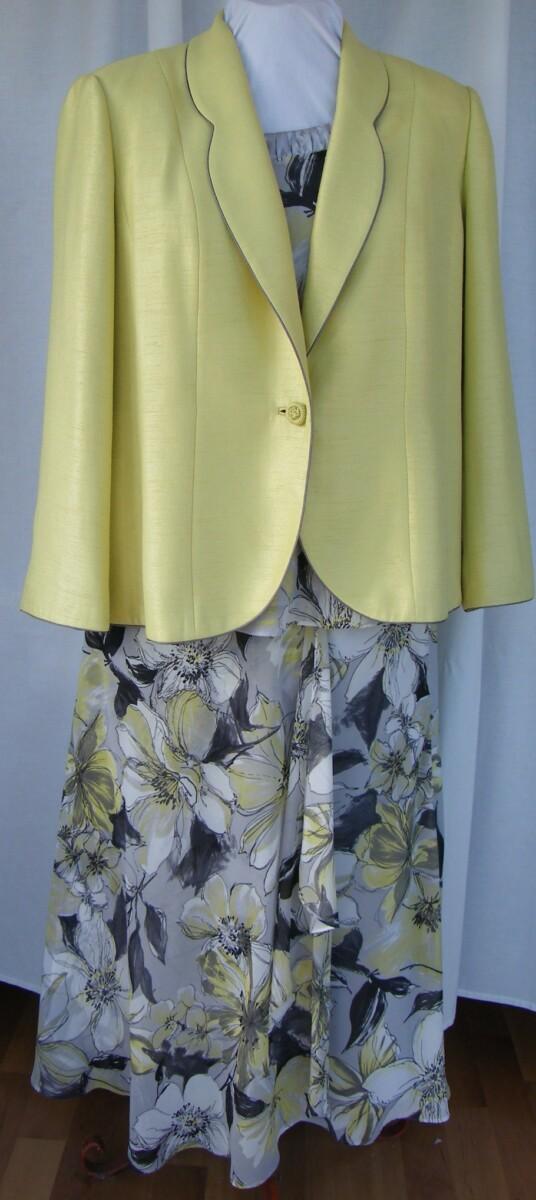 jacques vert IRIDIUM RANGE GREY CHIFFON CORDIAL YELLOW FLORAL PRINT SKIRT & TOP. MATCHING CORDIAL YELLOW FABRIC JACKET EDGED IN GREY