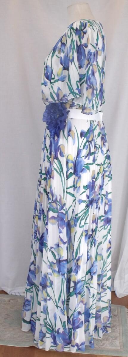 Jacques Vert IRIS PRINTED MAXI DRESS IN IVORY CREPE CHIFFON WRAP OVER BODICE ROYAL BLUE CORSAGE