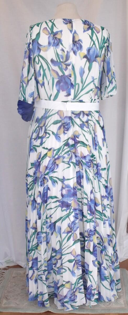 Jacques Vert IRIS PRINTED MAXI DRESS IN IVORY CREPE CHIFFON WRAP OVER BODICE ROYAL BLUE CORSAGE