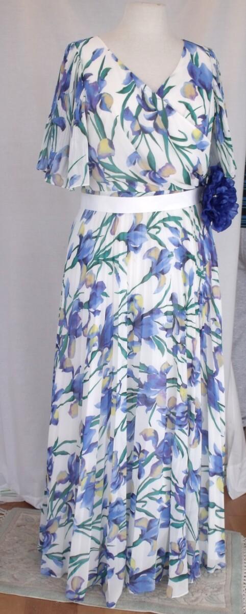 jacques vert IRIS PRINTED MAXI DRESS IN IVORY CREPE CHIFFON WRAP OVER BODICE ROYAL BLUE CORSAGE