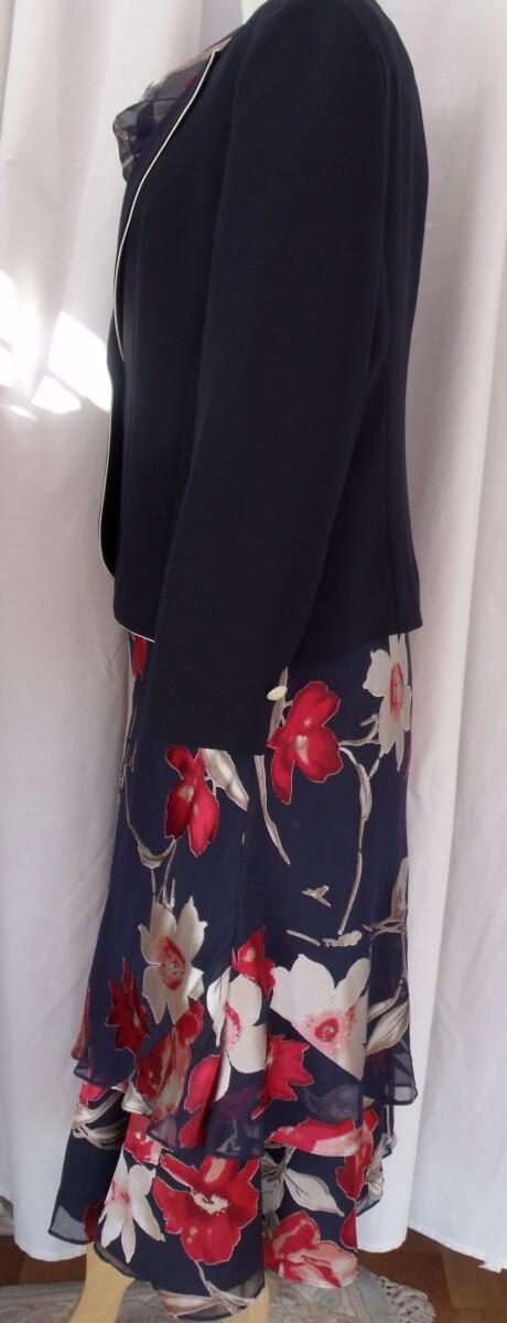 Jacques Vert ITALIAN RANGE NAVY 19% SILK DEVORE IVORY & RED FLOWERHEAD PRINT NAVY WOVEN JACKET EDGED IN IVORY