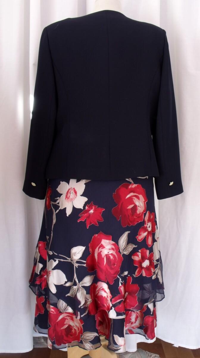 Jacques Vert ITALIAN RANGE NAVY 19% SILK DEVORE IVORY & RED FLOWERHEAD PRINT NAVY WOVEN JACKET EDGED IN IVORY