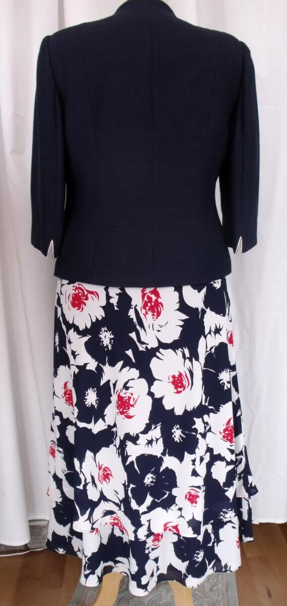 Jacques Vert ITALIAN RANGE NAVY CREPE CHIFFON SKIRT & TOP IVORY FLOWERHEAD PRINT NAVY SHANTUNG JACKET EDGED IN IVORY