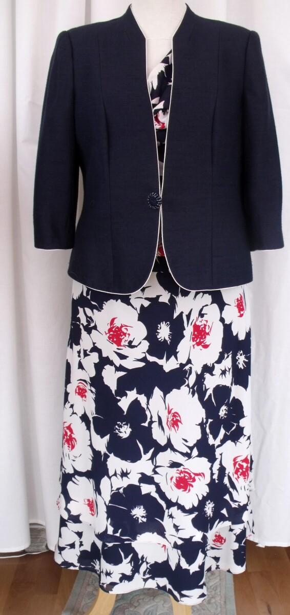 jacques vert ITALIAN RANGE NAVY CREPE CHIFFON SKIRT & TOP IVORY FLOWERHEAD PRINT NAVY SHANTUNG JACKET EDGED IN IVORY