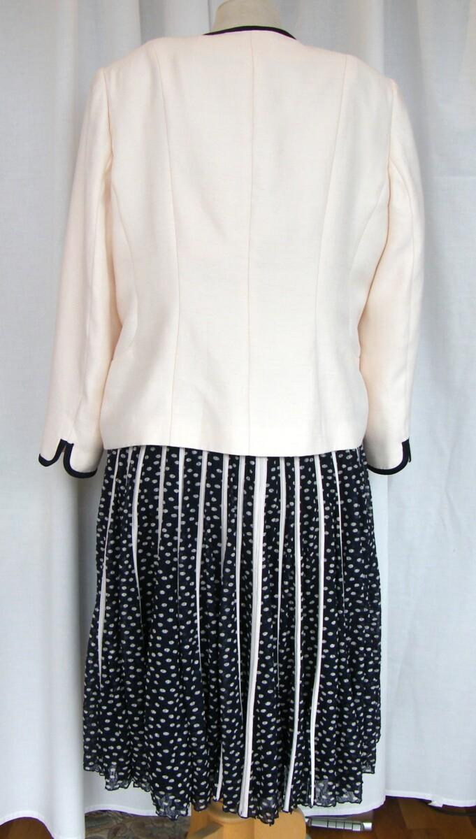 Jacques Vert ITALIAN RANGE STRETCH NAVY LACE DRESS IVORY DOT PRINT VERTICAL IVORY SILK RIBBON BANDS & CHANTILLY IVORY WOVEN JACKET EDGED IN NAVY