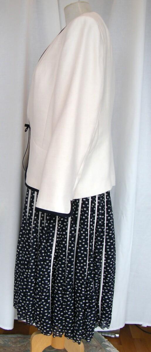 Jacques Vert ITALIAN RANGE STRETCH NAVY LACE DRESS IVORY DOT PRINT VERTICAL IVORY SILK RIBBON BANDS & CHANTILLY IVORY WOVEN JACKET EDGED IN NAVY