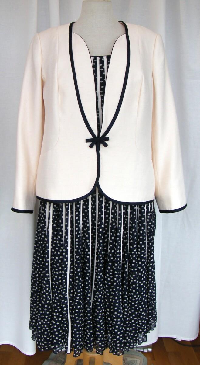 jacques vert ITALIAN RANGE STRETCH NAVY LACE DRESS IVORY DOT PRINT VERTICAL IVORY SILK RIBBON BANDS & CHANTILLY IVORY WOVEN JACKET EDGED IN NAVY