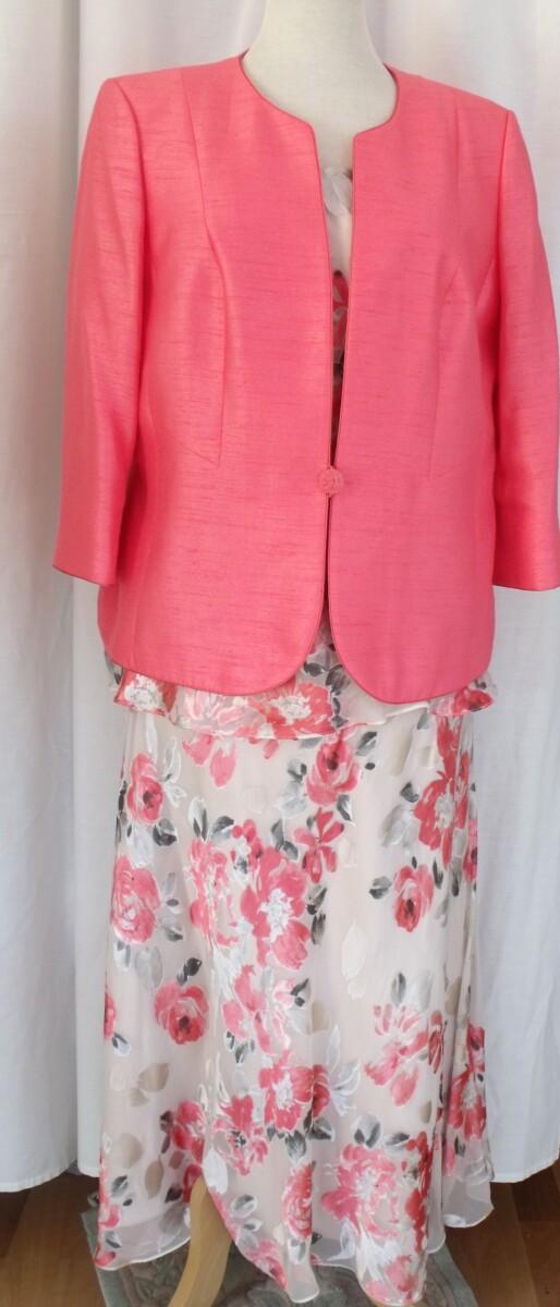 jacques vert IVORY 15% SILK DEVORE SKIRT & TOP CORAL FLORAL PRINT & CORAL SHANTUNG EDGE TO EDGE JACKET