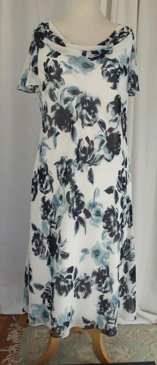 Jacques Vert IVORY CHIFFON DRESS LIGHT BLUE & TEAL FLORAL PRINT & LIGHT BLUE SHANTUNG EDGE TO EDGE JACKET