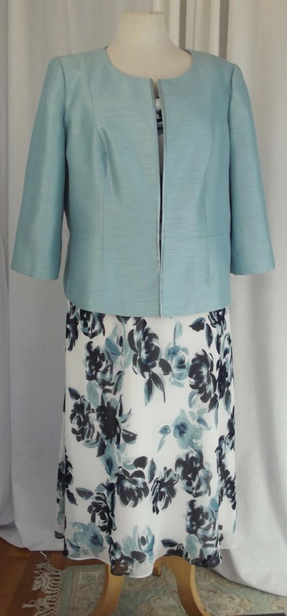 jacques vert IVORY CHIFFON DRESS LIGHT BLUE & TEAL FLORAL PRINT & LIGHT BLUE SHANTUNG EDGE TO EDGE JACKET