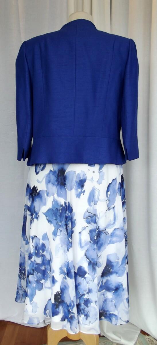 Jacques Vert IVORY CHIFFON DRESS ROYAL BLUE FLORAL PRINT ROYAL BLUE SHANTUNG JACKET