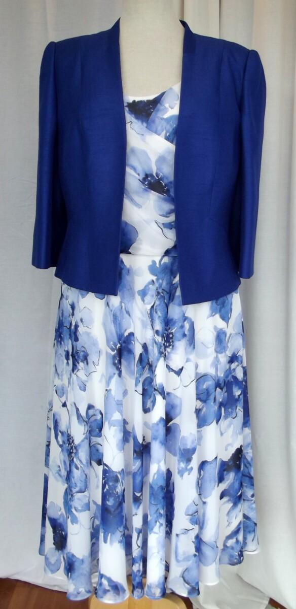 jacques vert IVORY CHIFFON DRESS ROYAL BLUE FLORAL PRINT ROYAL BLUE SHANTUNG JACKET