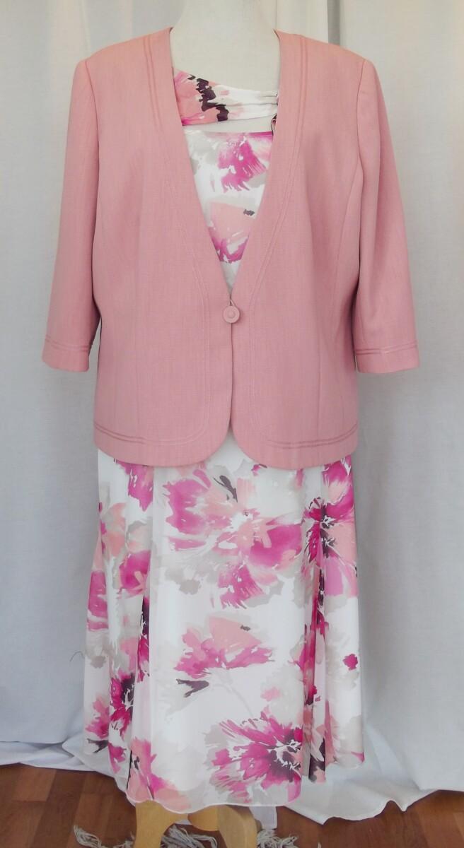 jacques vert IVORY CHIFFON FIT & FLARE DRESS PINK & LIGHT CORAL FLORAL PRINT & LIGHT CORAL JACKET