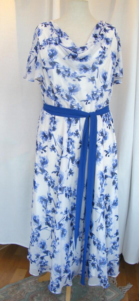 Jacques Vert IVORY CREPE CHIFFON DRESS ROYAL BLUE FLORAL SPRAY PRINT & ROYAL BLUE WOVEN SHORT SLEEVE JACKET