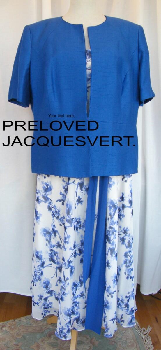 jacques vert IVORY CREPE CHIFFON DRESS ROYAL BLUE FLORAL SPRAY PRINT & ROYAL BLUE WOVEN SHORT SLEEVE JACKET