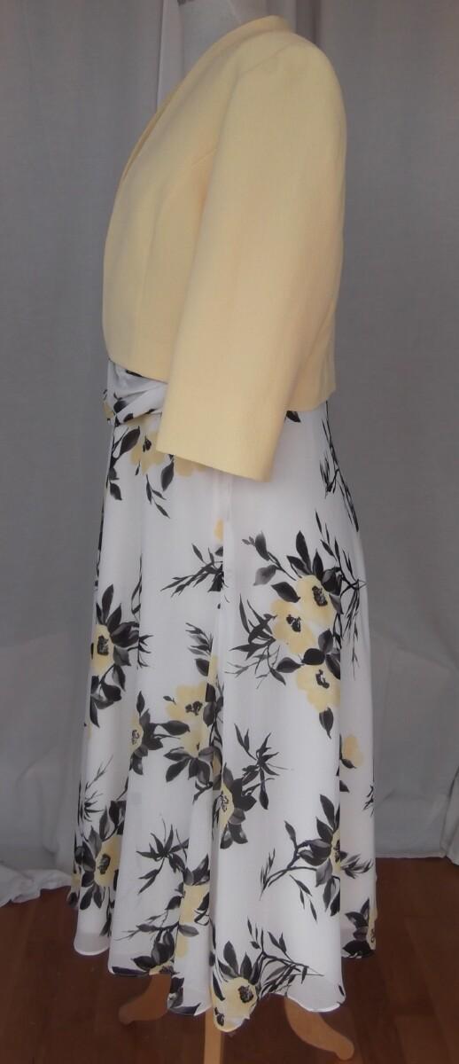 Jacques Vert IVORY CREPE CHIFFON FIT & FLARE DRESS FAUX CROSS OVER BODICE YELLOW & GREY FLORAL PRINT & YELLOW JACQUARD CREPE JACKET