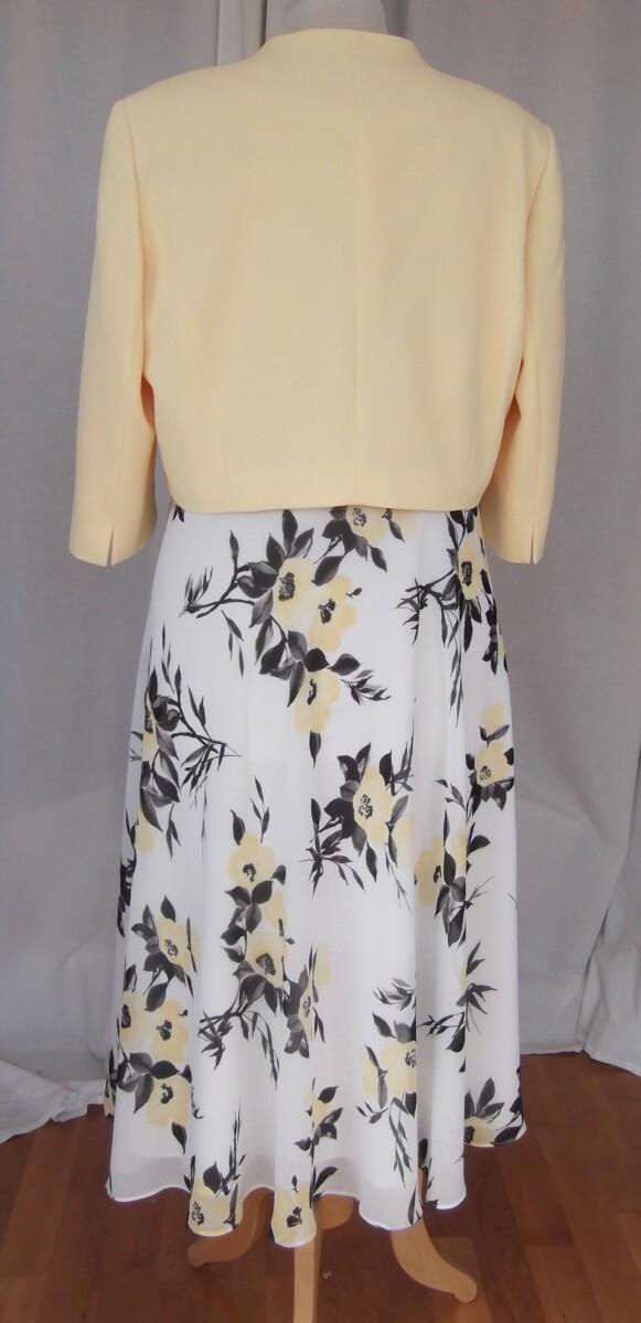Jacques Vert IVORY CREPE CHIFFON FIT & FLARE DRESS FAUX CROSS OVER BODICE YELLOW & GREY FLORAL PRINT & YELLOW JACQUARD CREPE JACKET