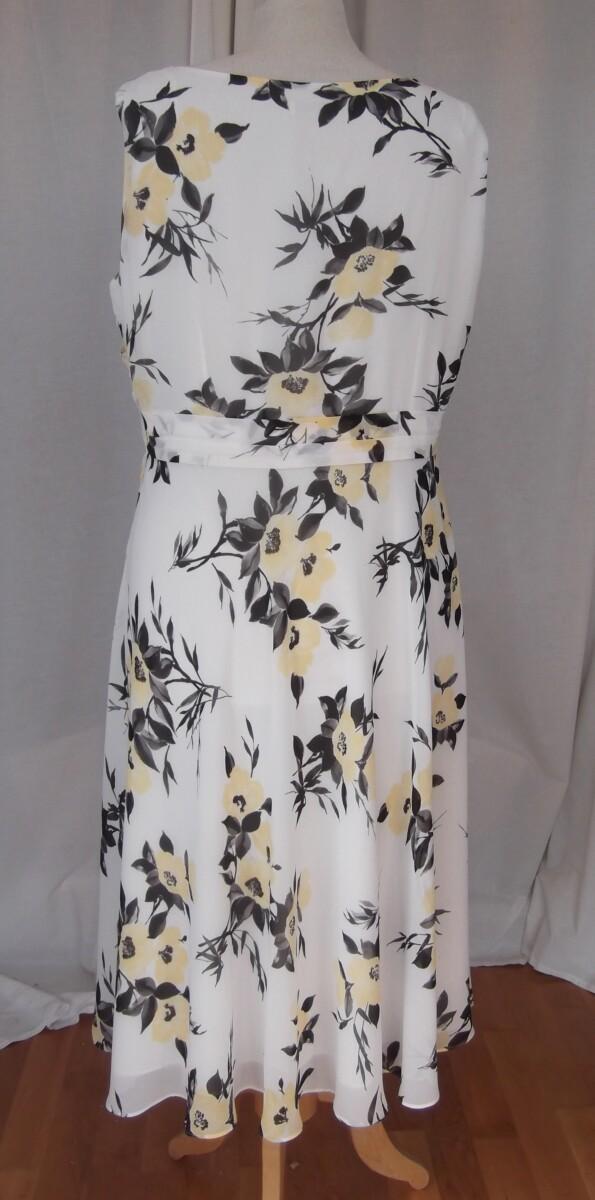 Jacques Vert IVORY CREPE CHIFFON FIT & FLARE DRESS FAUX CROSS OVER BODICE YELLOW & GREY FLORAL PRINT & YELLOW JACQUARD CREPE JACKET