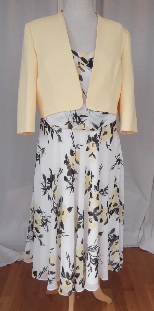 jacques vert IVORY CREPE CHIFFON FIT & FLARE DRESS FAUX CROSS OVER BODICE YELLOW & GREY FLORAL PRINT & YELLOW JACQUARD CREPE JACKET