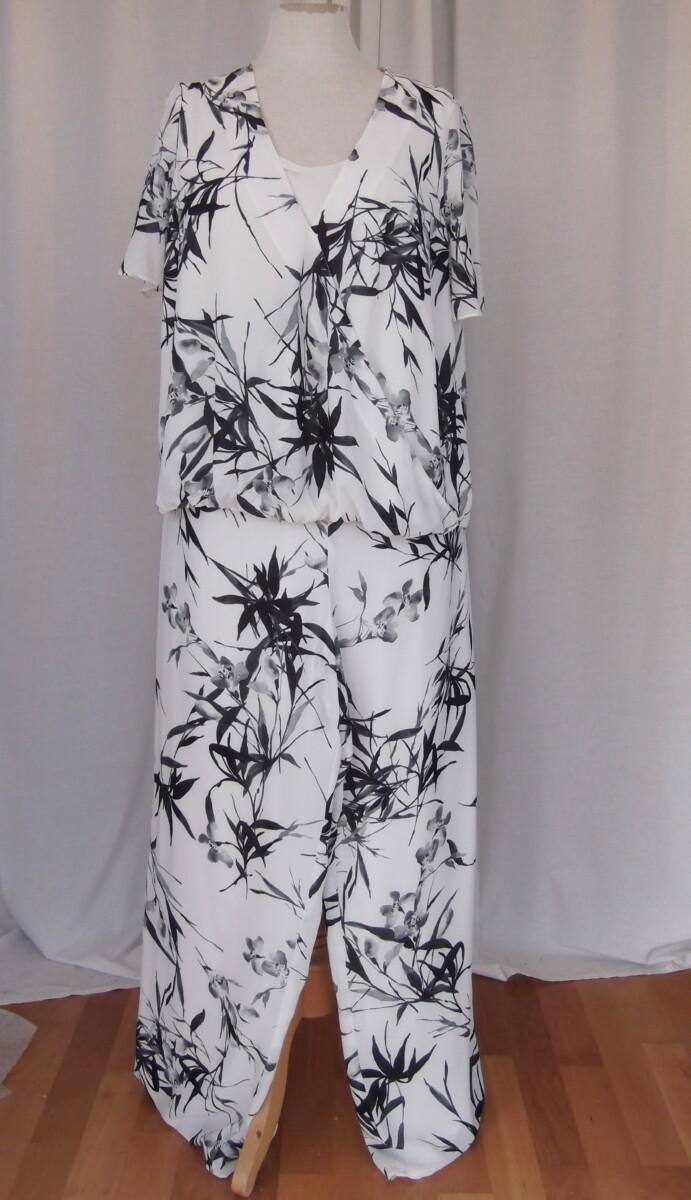 jacques vert IVORY CREPE CHIFFON PANTS & SLEEVELESS TOP BLACK BAMBOO PRINT