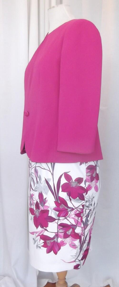 Jacques Vert IVORY CREPE SHIFT DRESS ORIENTAL BALI FLORAL PRINT MATCHING CERISE WOVEN JACKET