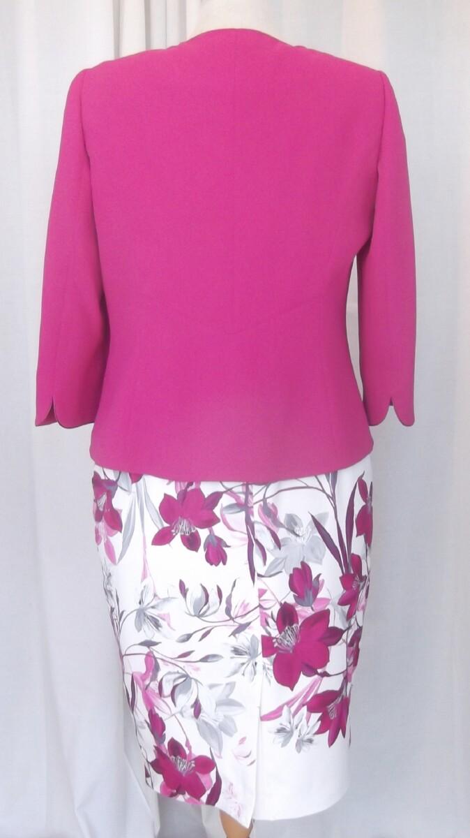 Jacques Vert IVORY CREPE SHIFT DRESS ORIENTAL BALI FLORAL PRINT MATCHING CERISE WOVEN JACKET