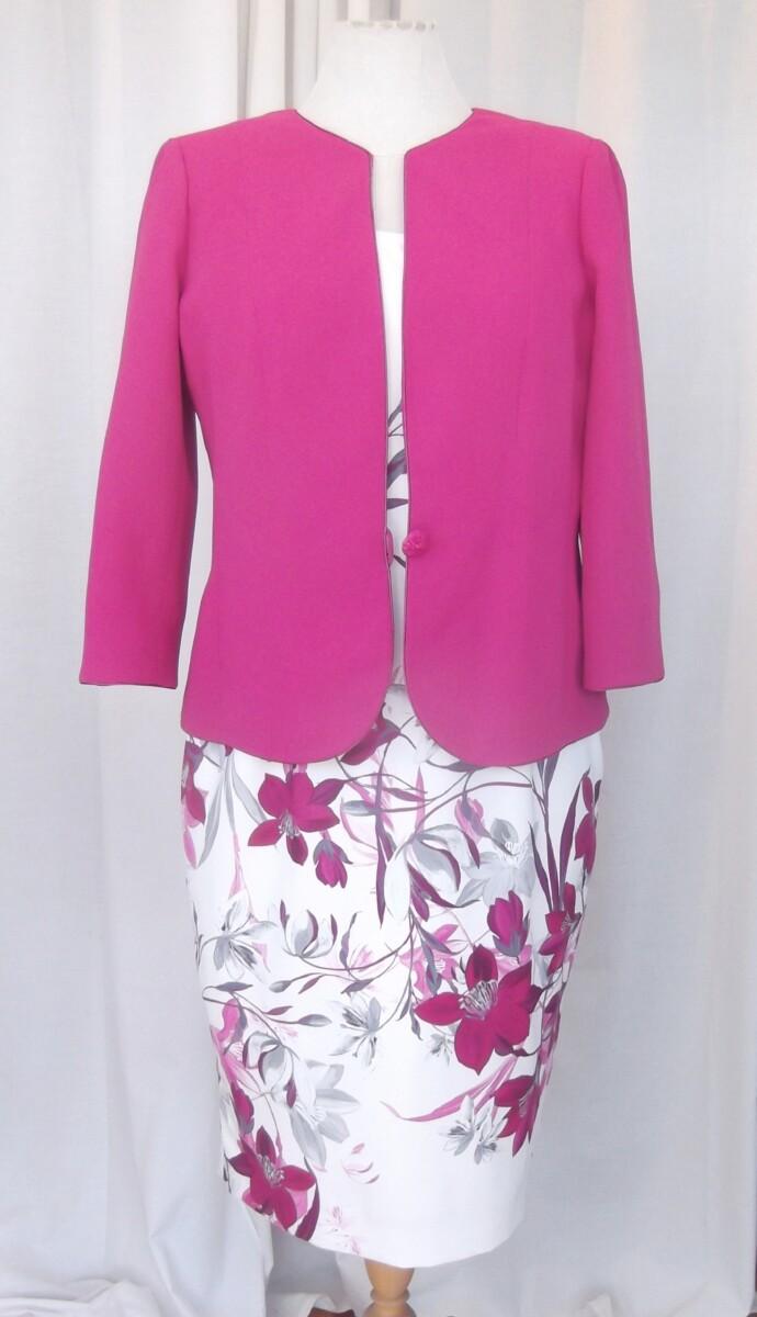jacques vert IVORY CREPE SHIFT DRESS ORIENTAL BALI FLORAL PRINT MATCHING CERISE WOVEN JACKET