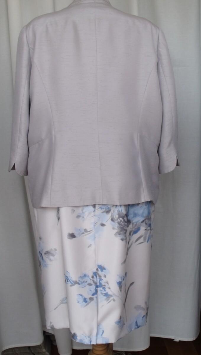 Jacques Vert IVORY SHANTUNG DRESS POWDER BLUE & SILVER GREY PRINT MATCHING SILVER GREY JACKET SATIN SEAMS