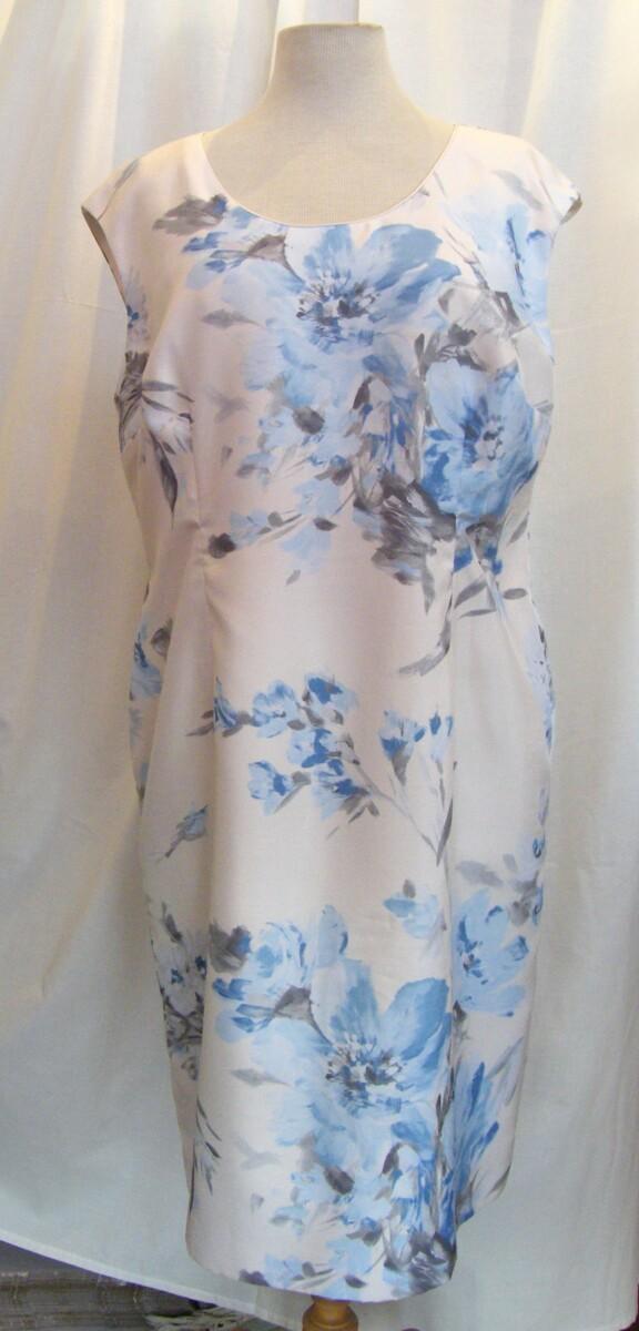 Jacques Vert IVORY SHANTUNG DRESS POWDER BLUE & SILVER GREY PRINT MATCHING SILVER GREY JACKET SATIN SEAMS