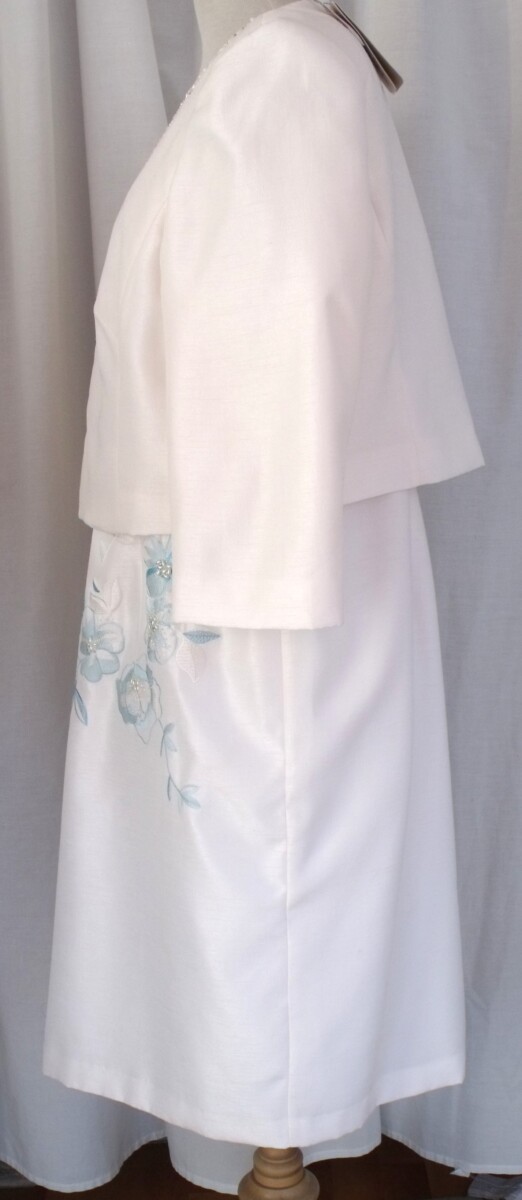 Jacques Vert IVORY SHANTUNG SHIFT DRESS AQUA/ TURQUOISE EMBROIDERY MATCHING IVORY BEADED SHANTUNG SHORT JACKET