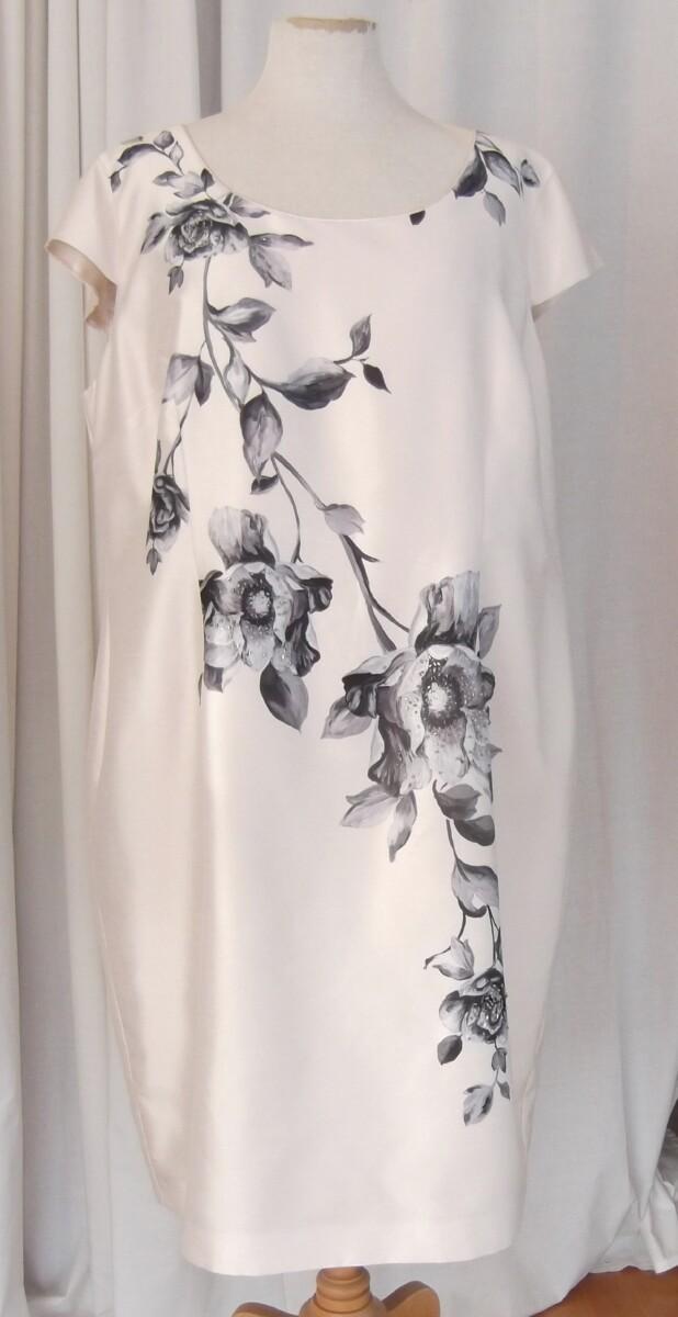 Jacques Vert IVORY SHANTUNG SHIFT DRESS BEADED BLACK OIL PAINTING PLACEMENT PRINT IVORY CREPE JACKET PIPED IN BLACK