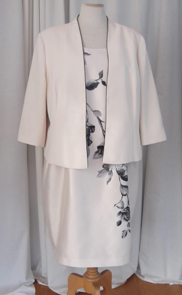 jacques vert IVORY SHANTUNG SHIFT DRESS BEADED BLACK OIL PAINTING PLACEMENT PRINT IVORY CREPE JACKET PIPED IN BLACK