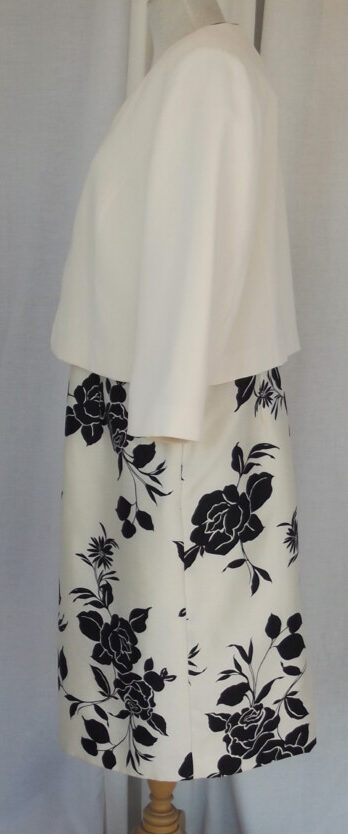 Jacques Vert IVORY SHANTUNG SHIFT DRESS BLACK ROSEHEAD PRINT & IVORY CREPE SCALLOPED BLACK EDGED JACKET
