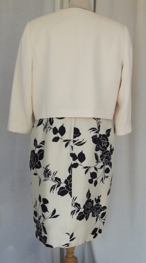 Jacques Vert IVORY SHANTUNG SHIFT DRESS BLACK ROSEHEAD PRINT & IVORY CREPE SCALLOPED BLACK EDGED JACKET